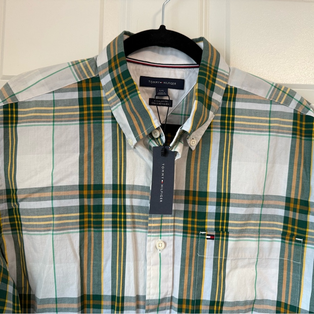 NWT Men’s L Tommy Hilfiger Fall Basics Button‎ Up Dress Shirt Green Plaid Long - Picture 11 of 14